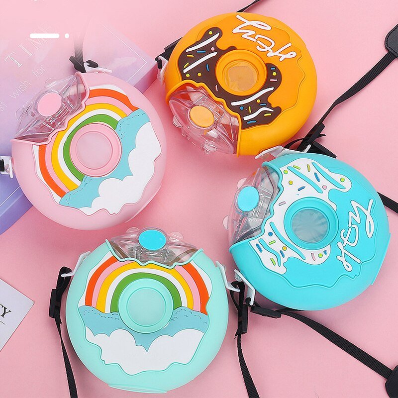 380ML Donut Shape Cup Kids Feeding Cup with Straws Lovely Donuts Shape Water Cups Cartoon Leakproof Outdoor Water Bottle