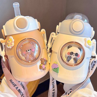 700ml Kids Thermos Water Bottle with Straw Cute Kawaii Cartoon Thermal Mug Girl Kettle Sports Student Children Cup Vacuum Flask