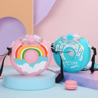 380ML Donut Shape Cup Kids Feeding Cup with Straws Lovely Donuts Shape Water Cups Cartoon Leakproof Outdoor Water Bottle