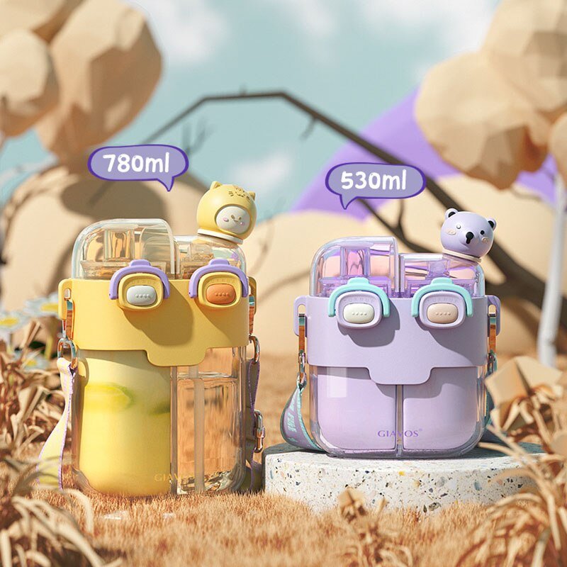 530/780ml Outdoors Water Bottle Kids with Straw Cartoon BPA Free Leak Proof School Drink Bottle for Children Healthy Plastic